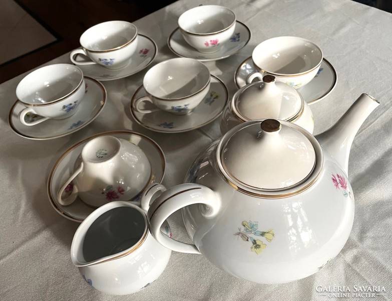 Hollóházi 6 személyes porcelán aranyozott virágmintás teáskészlet, régi
