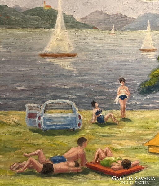 Boross Géza (1908-1971) Nyaralás a Balatonon (olaj,vászon 80x100 cm) /számlát adunk/