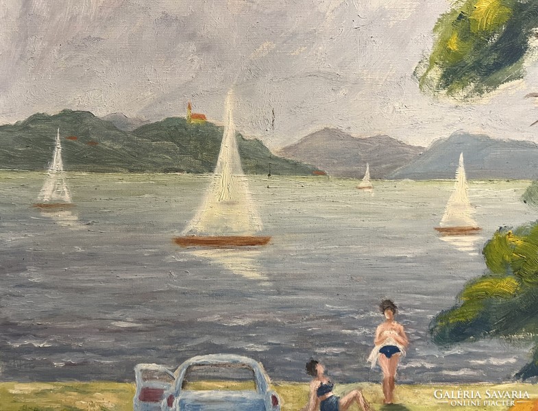 Boross Géza (1908-1971) Nyaralás a Balatonon (olaj,vászon 80x100 cm) /számlát adunk/