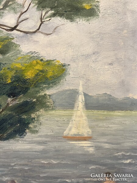 Boross Géza (1908-1971) Nyaralás a Balatonon (olaj,vászon 80x100 cm) /számlát adunk/