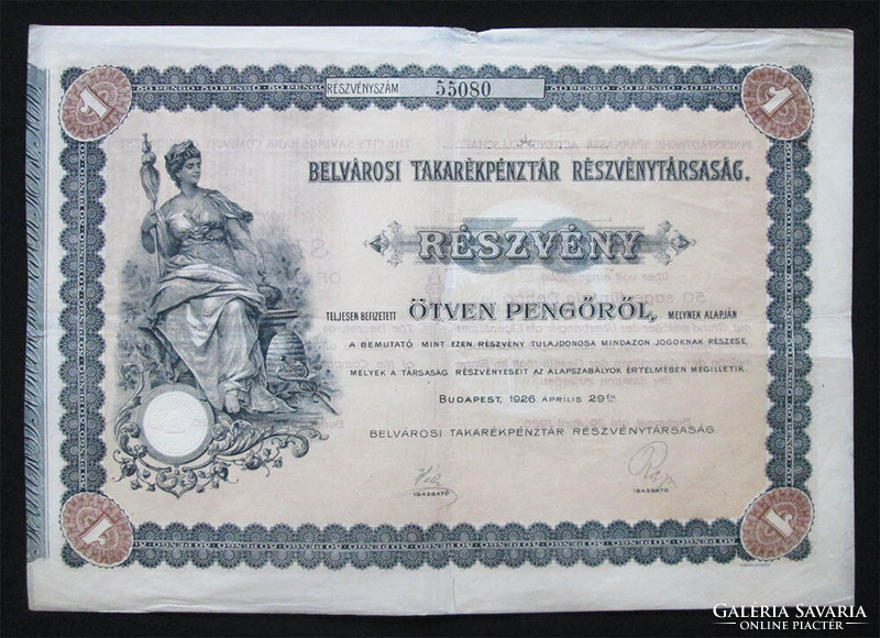 Belvárosi Takarékpénztár részvény 50 pengő 1926. április - I. kibocsátás