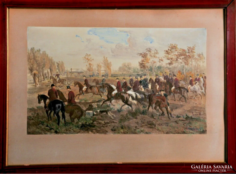 Emil Adam (1843-1924): Vadászjelenet, gouache papíron 1877