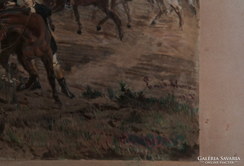 Emil Adam (1843-1924): Vadászjelenet, gouache papíron 1877