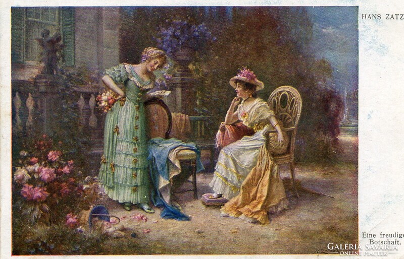 Képeslap: Hans Zatzka. nők, virágok.