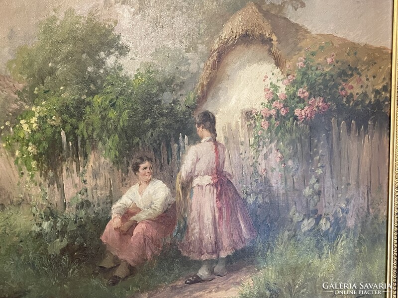 ÁCS ÁGOSTON - Fiatalok a ház előtt..75x100+kerete..