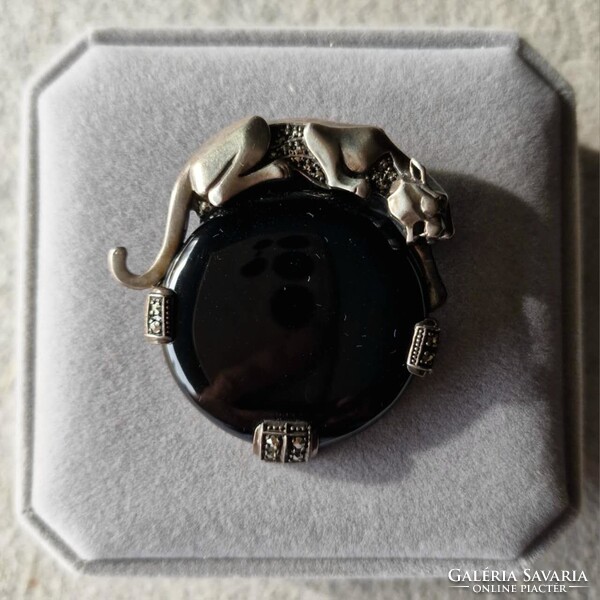 1920 - 30s Art Deco era, 925 silver onyx leopard pendant brooch dual-purpose