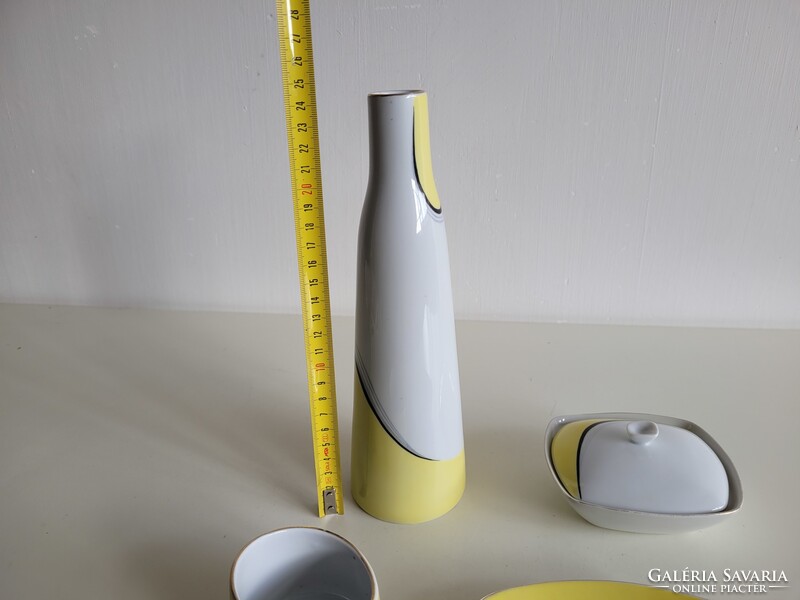 Retro Hollóházi mid century porcelán készlet Gazder Antal sárga fehér dísztárgy váza tál bonbonier