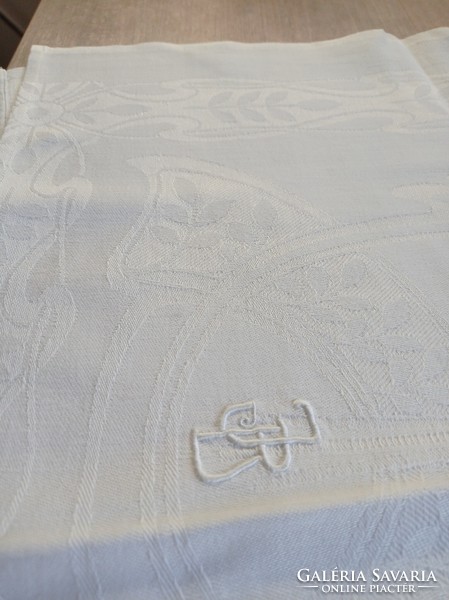 Új, hófehér, J B monogramos damaszt konyharuha, törlő, 100 x 50 cm