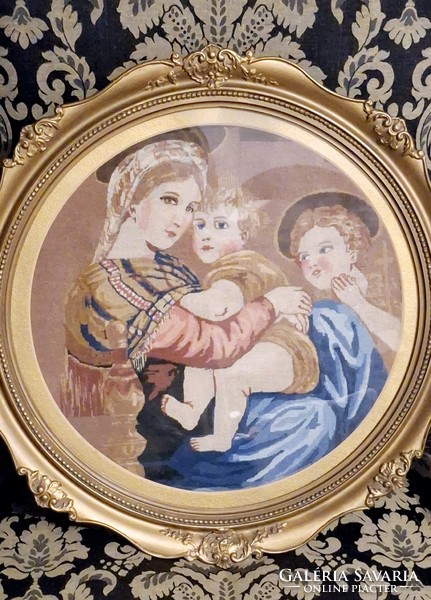 Gyönyörű Antik mikro gobelin szentkép blondel fa keretben