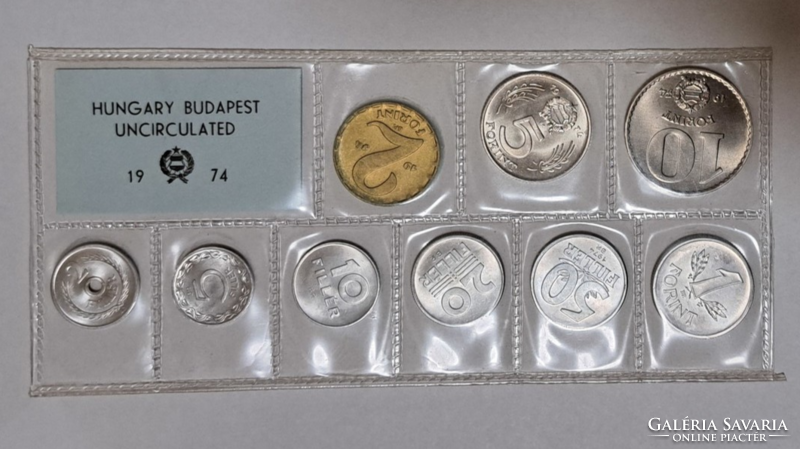 1974. Forgalmi sor, benne  ritka 5 forint és 2  fillér, 5 fillér csak 50.001 darabot gyártottak (24)