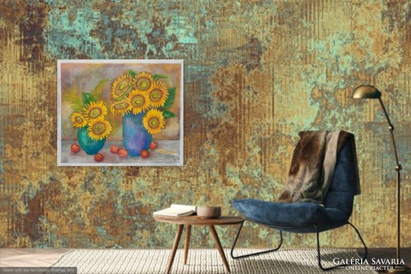 Napraforgók almákkal.80x95 cm zománckép.Károlyfi Zsófia/1952. ,Prima díjas művésztől.tanúsítvánnyal.