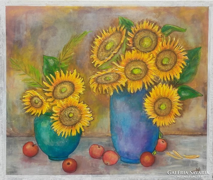 Napraforgók almákkal.80x95 cm zománckép.Károlyfi Zsófia/1952. ,Prima díjas művésztől.tanúsítvánnyal.