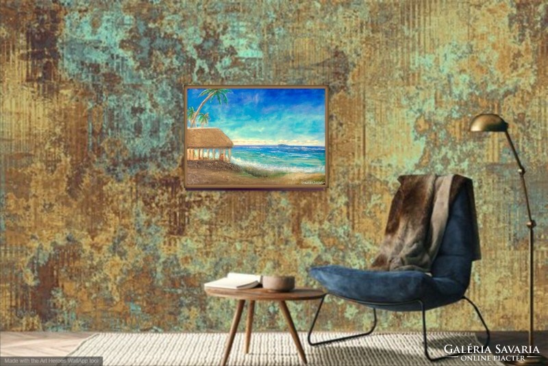 Szamoai óceánpart. 70x100 cm zománckép. Károlyfi Zsófia Prima díjas művész alkotása, tanúsítvánnyal.