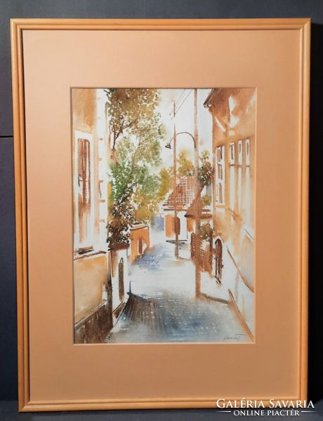 Nemes Tibor - gyönyörű utcakép akvarell (szignózott, 44x31 cm)