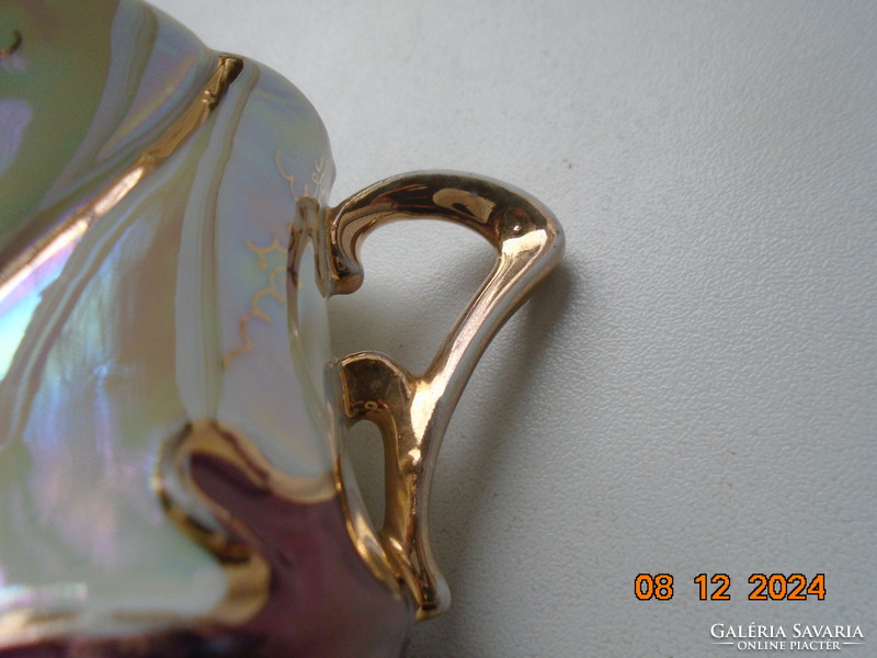 1901 Szecessziós,architekturális ,eozin mázas, arany mintás kávés csésze lila virágokkkal