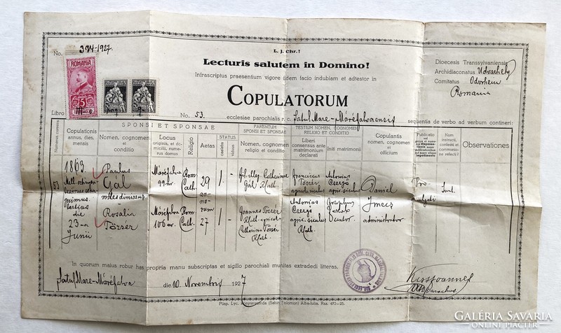 Máréfalva, Satu Mare, keresztlevél, 1927 - magyar és román okmánybélyegekkel
