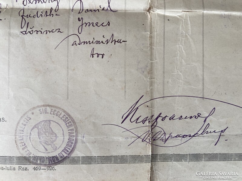 Máréfalva, Satu Mare, keresztelési anyakönyvi kivonat, 1926 - magyar és román okmánybélyegekkel