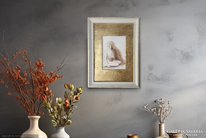 Akt gyümölcsökkel. 35x25cm külső, 17x12cm belső méretű miniatúra. Károlyfi Zsófia Prima díjas műve.