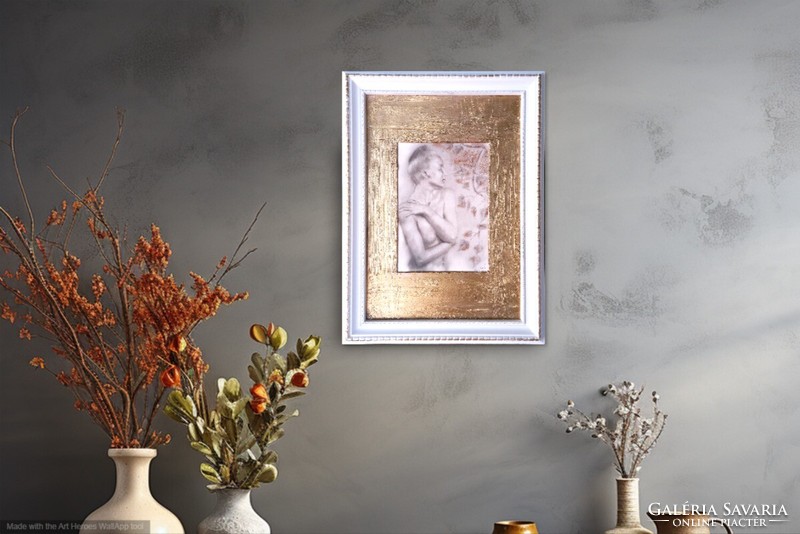 Akt nyárfaággal. 35x25cm külső, 17x12cm belső méretű miniatúra. Károlyfi Zsófia Prima díjas műve.