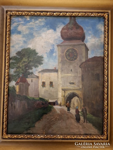 Eredeti, szignált Gimes Lajos (1886-1945) hannoveri városrészlet templommal olaj vászon festmény