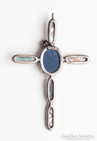 Vintage Peck kereszt medál - abalone kagyló lazulit/lapis lazuli és gránát kő, nyaklánc függő nyakék