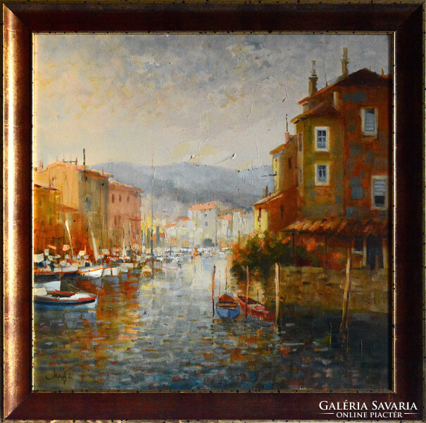 Mág Tamás (1952-2019) Öböl az Adrián - kerettel 60x60cm - alkotás 50x50cm Száma: RI2503/788