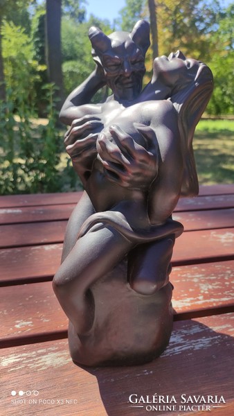 Kerámia terrakotta  talán achatit szobor Faun és Nimfa figura nagy méretű 30 cm magas