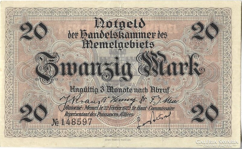 20 márka 1922.02.22. Németország Litvánia Memel megszállási pénz
