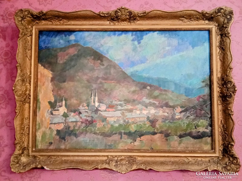 NAGY OSZKÁR (1883-1965) olajfestmény  "FELSŐBÁNYA" 1957-ből