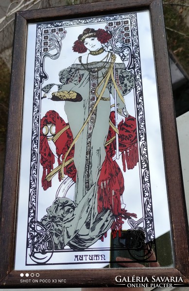 Secession Alfonz Mucha style framed mirrored wall picture 39,5 cm x 22 cm