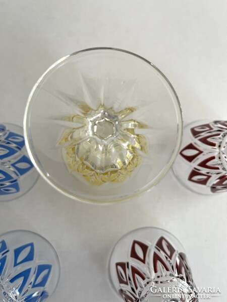 Régi, vintage francia VMC Reims boros, likőrös, színes kristály pohár készlet