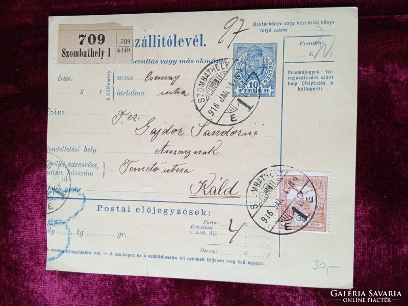 D205255 Szállítólevél (csomag)  Szombathely  Gajdor Sándorné  KÁLD  1916