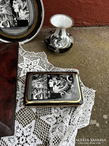 Hollóházi porcelán Szász Endre Jurcsák László porcelánok váza hamutartó   midcentury bőr keretben