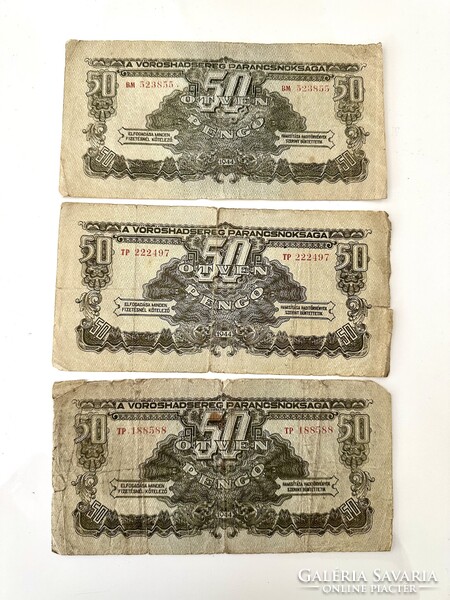 3 db Ötven pengő 50 pengő 1944 A Vöröshadsereg Parancsnoksága
