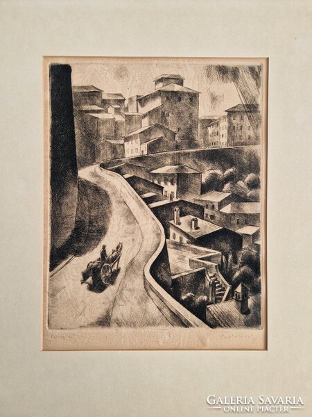 Patkó Károly egyik legszebb munkájának nagyméretű rézkarca, "Perugia".  Keret nélkül.