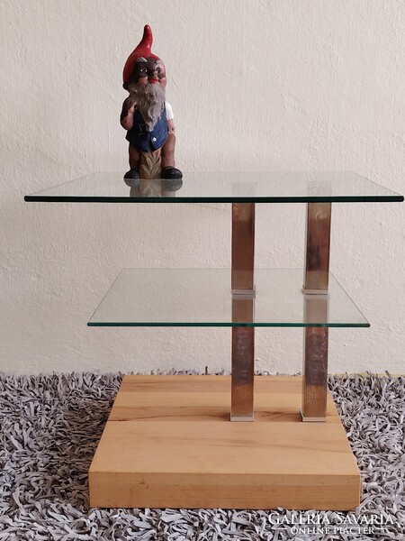 Design üveg asztal króm tölgyfa kerekekkel ALKUDHATÓ