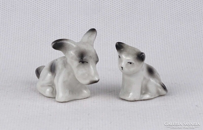 1U963 Régi Hollóházi porcelán miniatűr cica kutya páros