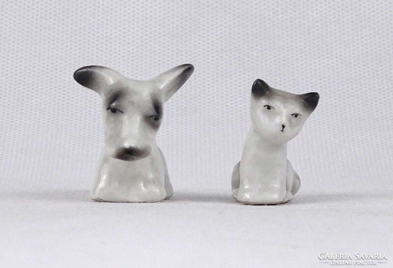 1U963 Régi Hollóházi porcelán miniatűr cica kutya páros