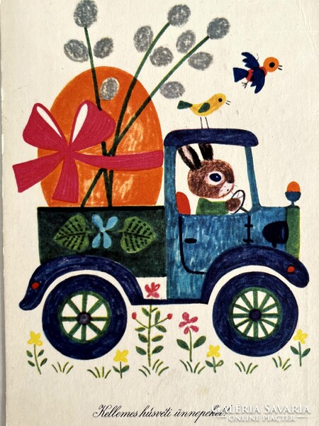 2db régi, retro grafikus, rajzos, nyuszis húsvéti képeslap - grafika: Boór Vera, Demjén Zsuzsa