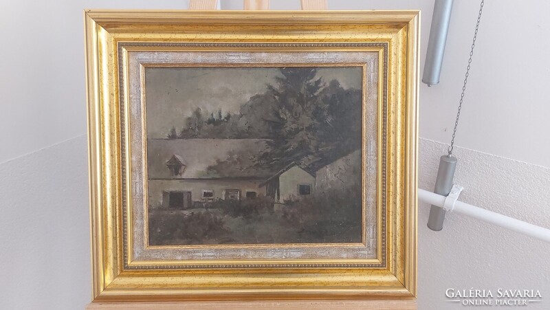 (K) Régi kis ház festmény (Benczúr Ida?)    50x45 cm kerettel