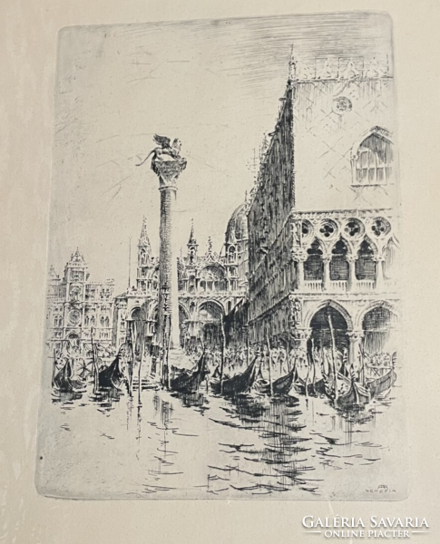 Rézkarc Velencei Látkép Gondolával, Dózse Palotával és Szent Márk Térrel "VENEZIA" 1960-as évek