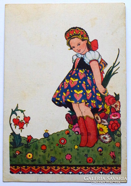 Régi grafikus üdvözlő  képeslap  -  kislány virággal