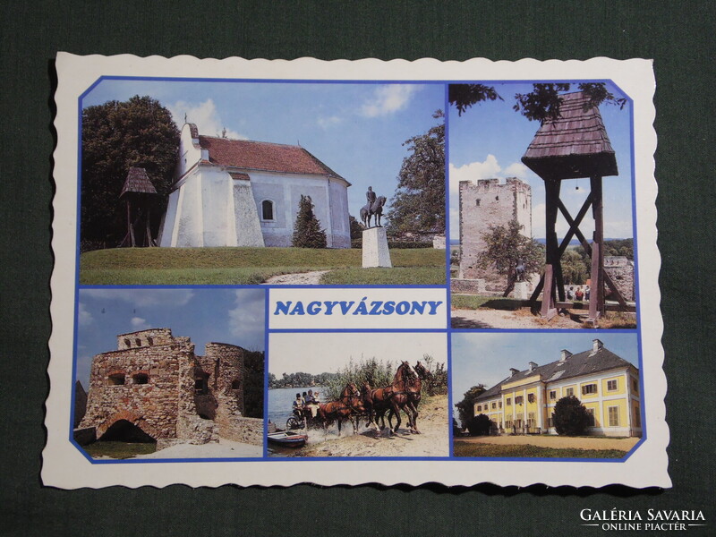 Képeslap,Nagyvázsony,mozaik,Kinizsi Vár,szobor,múzeum,barbakán,harangláb,templom,részlet, 1990-