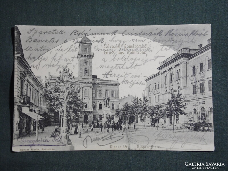 Képeslap,Komárom,Klapka tér,szobor látkép,részlet,Spitzer Sándor Komárom kiadás,1905-