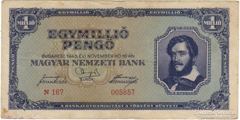 Egymillió 1000000 pengő 1945 3. Alacsony sorszám "005857"