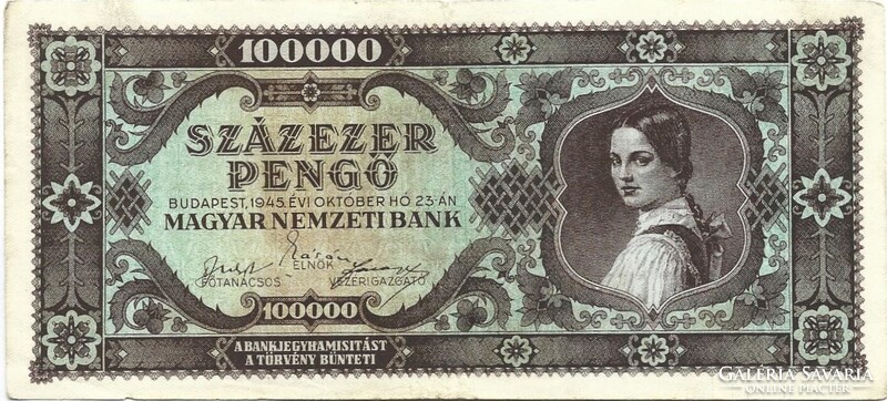 100000 százezer pengő 1945 Világos hátlap