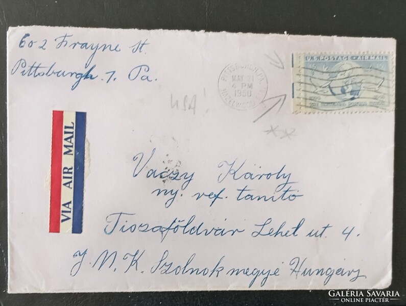 USA-Levél  Tiszaföldvárra, Budapesten keresztül (1950), érdekes/Ritka bélyeg-fogazással