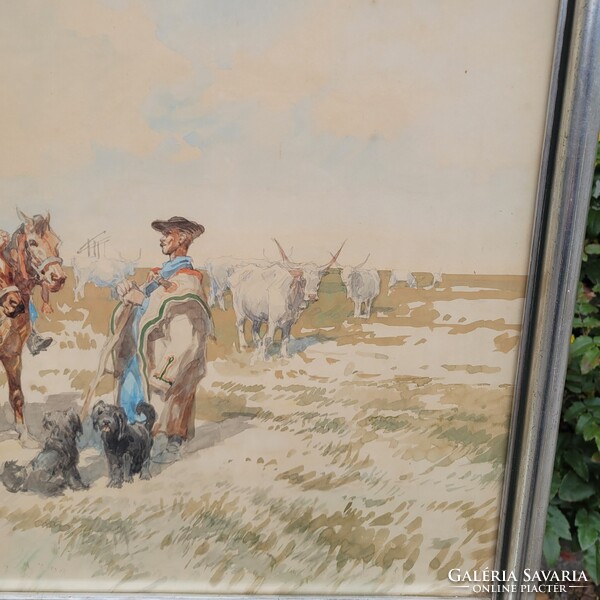 Wallburg Egon /Zorád Ernő/ (1911 - 2004) - Két Gulyás Találkozása Akvarell Kép!!!