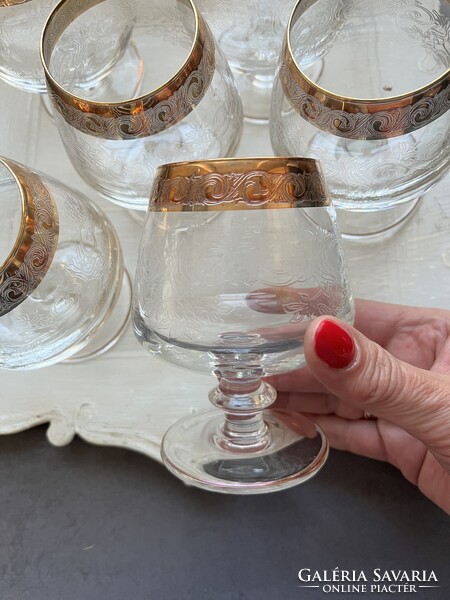 Murano Medici gold, 24 kr- os arany szélű csiszolt konyakos üveg kristály pohár készlet