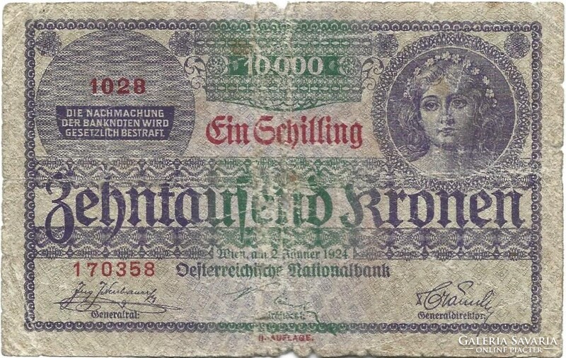 1 schilling a 10000 korona bankjegyen II. kiadás 1924 Ausztria 1.